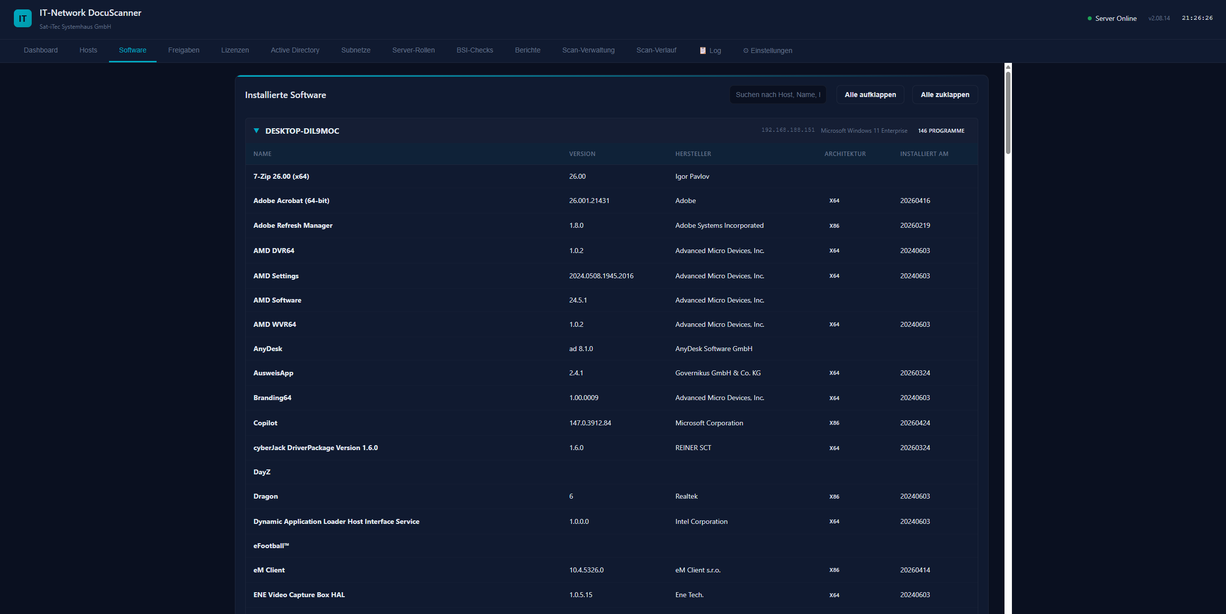 ITscanner Software-Inventar mit installierten Programmen, Versionsnummern und Hosts via WMI/CIM-Abfrage